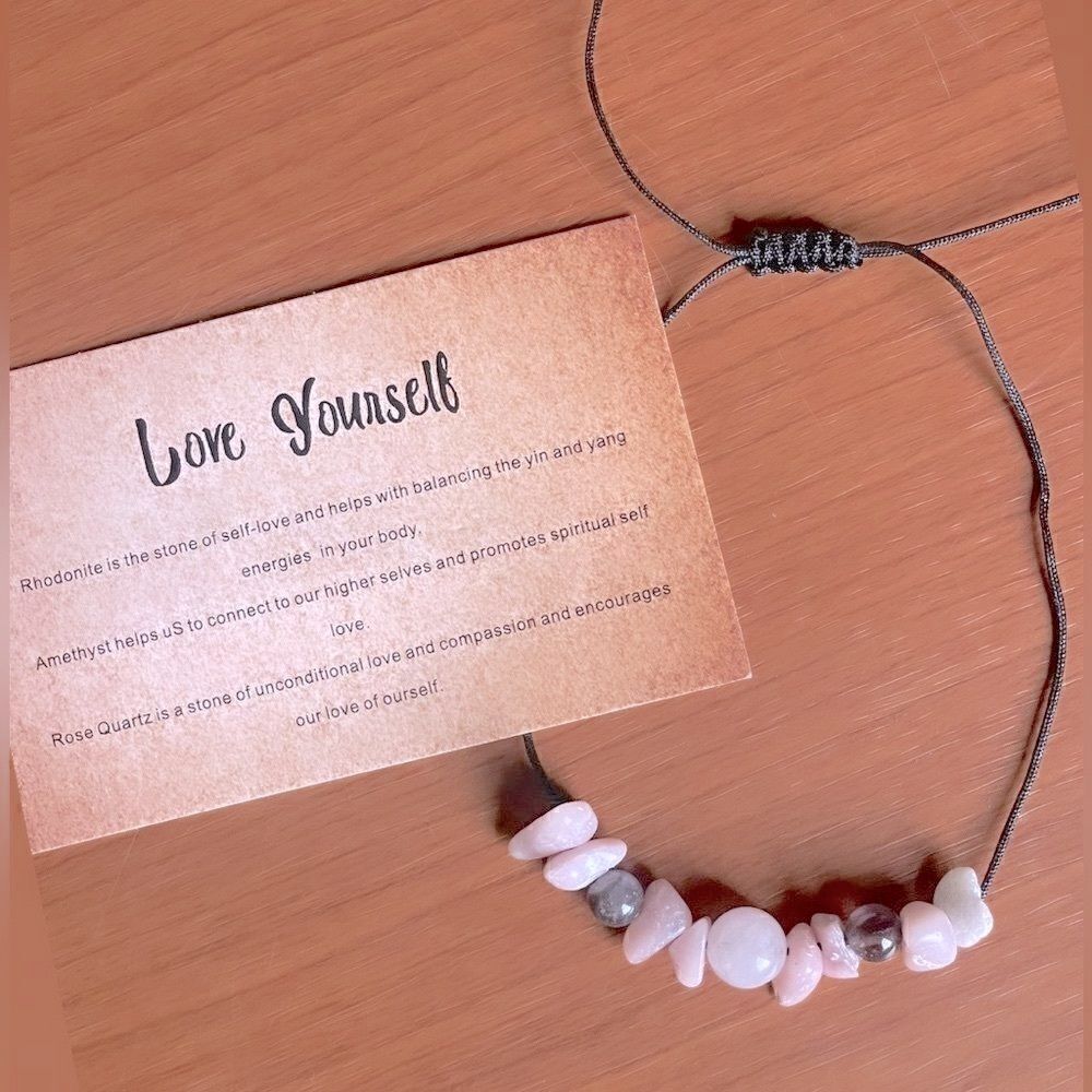 “Love Yourself” Tumbled Stone Bracelet (Rose Quartz, Amethyst, Rhodonite)